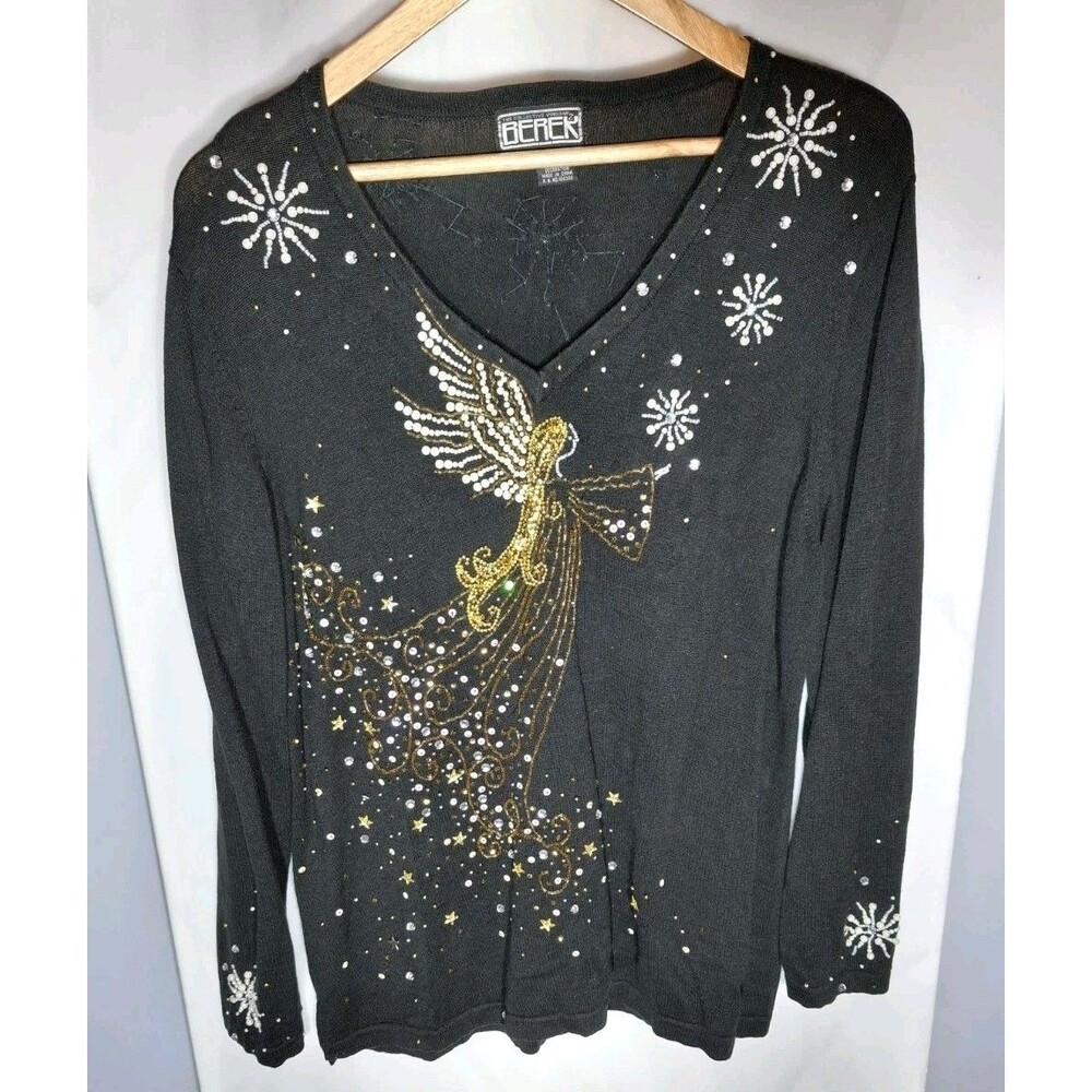 Vintage Berek 1XL Angel Christmas Sweater Black Beaded Sequin Embellished